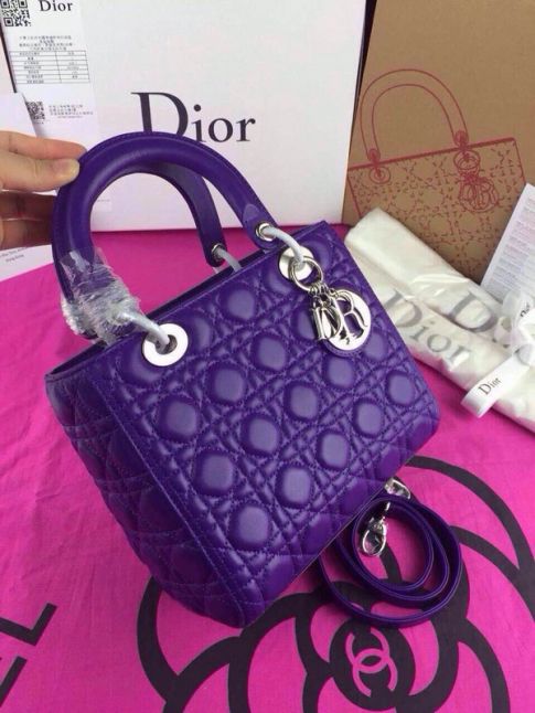 Fake Medium Leather Dior "Lady Dior" Cannage Quilted Purple Crossbody Bag Silver Pendant Price Italy  
