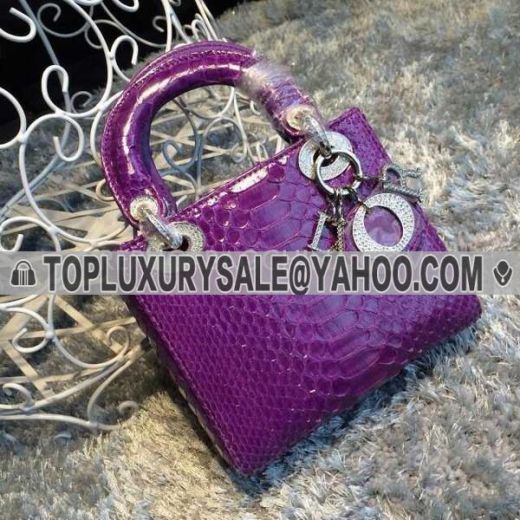 Elegant Style Dior Lady Purple Snakeskin Patent Leather Totes Diamonds Hardware Fake Crossbody Bag Online 