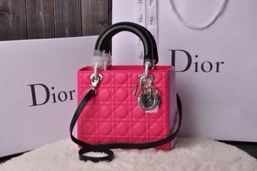 Imitation Popular Dior Tri-color Lady Calfskin Rose Red Tote Bag Black Top Handle & Strap 