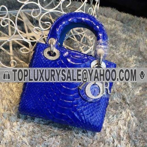 2017 Dior Sapphire Blue Hot Selling "Lady Dior" Snakeskin Default Tote Bag Shining D.L.O.R Charm 