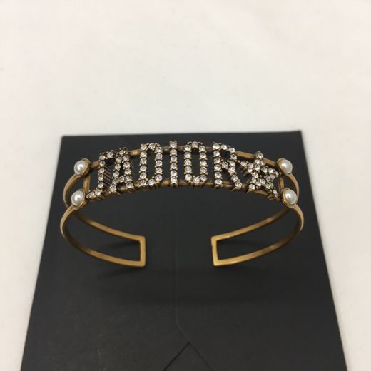 Replica Christian Dior J'Adior Diamonds Openwork Letter Pearls Embellished Side Aged Brass Double Row Line Structure Cuff  Bracelet For Female