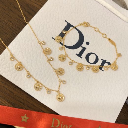 Christian Dior Rose Des Vents Five Motif  Eight-pointed Star White MOP Pendants Women Gold-tone Bracelet/Necklace Diamonds Jewellery Set