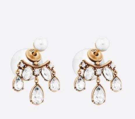 Faux Dior Tribales Integrated Clasp White Resin Beads Vintage Gold Inlaid Crystal Charms Elegant Fashion Women'S Earrings