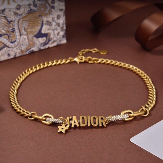 Hot Selling Christian Dior J'ADIOR  Classic Antique Brass Link Chain Paved Diamonds Circle Female Faux Necklace For Sale 