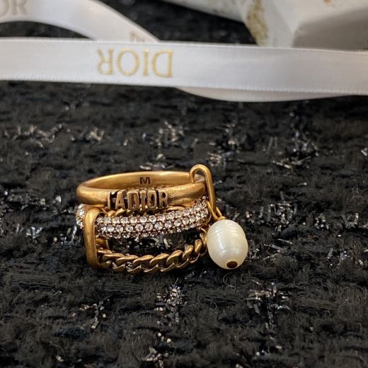 Replica Dior J'Adior Logo Pearl Embellished Full Diamond Design Metal Chain Three Hoops Merge Fashion Vintage Ring Unisex