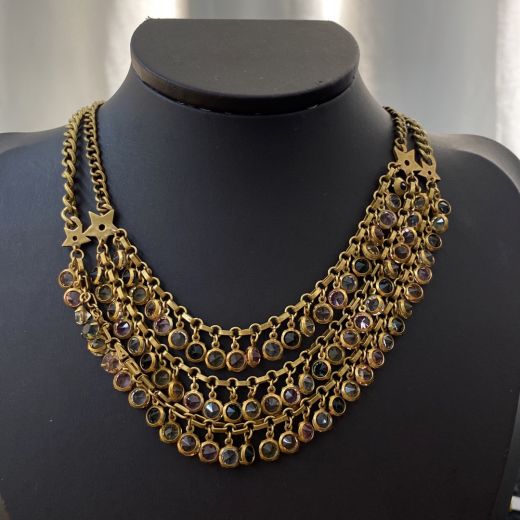 Faux Dior Vintage Brass Triple Full Color Crystal Embellished Gorgeous Ladies Multi Chain Necklace