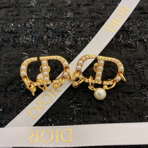Replica Dior Tribales Gold CD Logo Pave White Resin Beads Small Ring Embellished Statement Fashion Earrings For Female