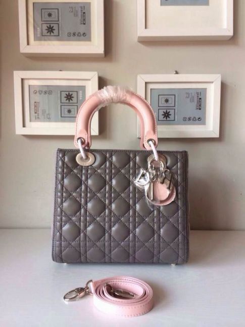 Replica Hot Selling Dior Lady Bi-Color Cannage Lambskin Tote Bag Pink Handle & Gusset Silver Hardware 