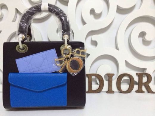 Dior Lady Tri-color Yellow Brass Hardware Leather Tote Bag Blue Front Pocket & Small Black Flap bag 