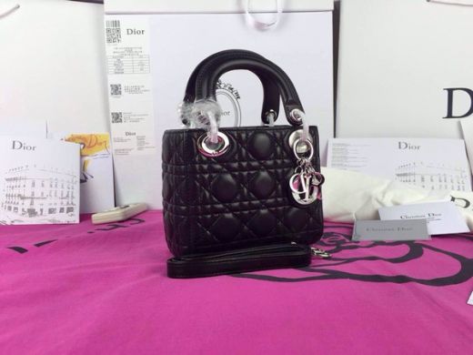 Timeless Mini Dior Lady CAL44501 N0 Silver Pendant Black Cannage Quilted Soft Leather Tote Bag