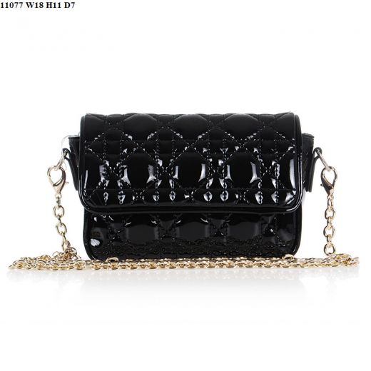 Dior Flap "Lady Dior" Black Patent Leather Shoulder Bag Golden Chain Strap Cannage Quilted