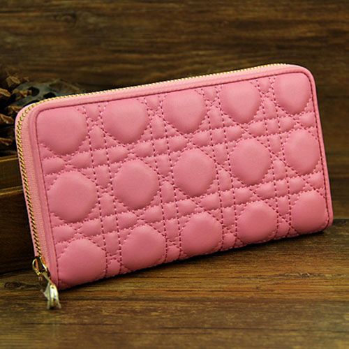 Dior "Lady Dior" Sweet Pink Sheepskin Escapade Long Wallet Yellow Brass Zipper Good Reviews 