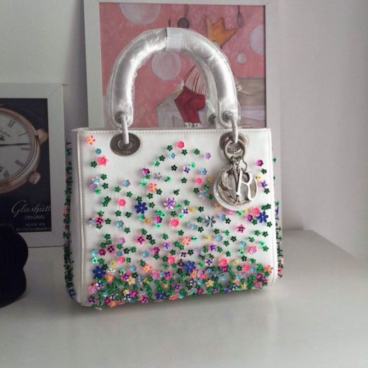 Special Dior Lady Three-dimensional Sequins Colorful Flowers Lambskin Totes Silver D.I.O.R Charm For Girls 