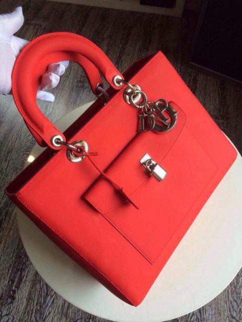 AAA Red Lambskin Leather Default Dior Lady Tote Bag Lock Front Pocket Silver Hardware 
