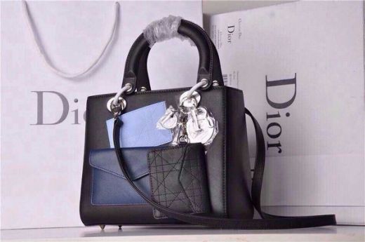 Classics Black Silver Hardware Dior Lady Leather Clone Totes Navy Front Pocket Small Flap Bag 