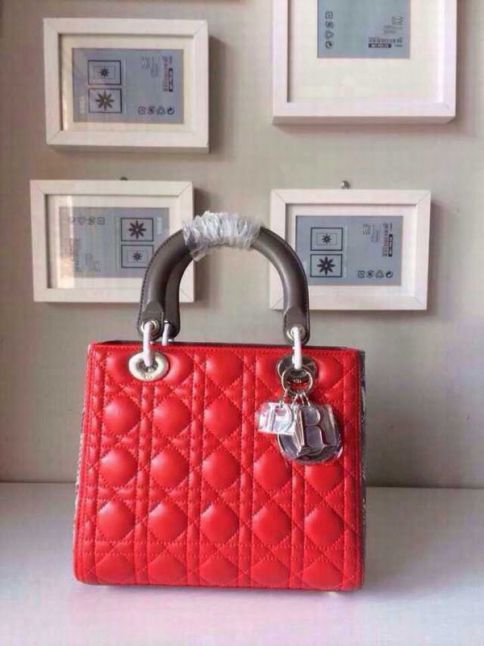 Sexy Red Lambskin Dior Lady Default Tote Bag Tan Handle Python Leather Gusset Silver Hardware 