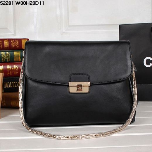 Good Reviews Ladies Dior Diorling Black Smooth Leather Flap Handbag Golden Chain Three Compartments 
