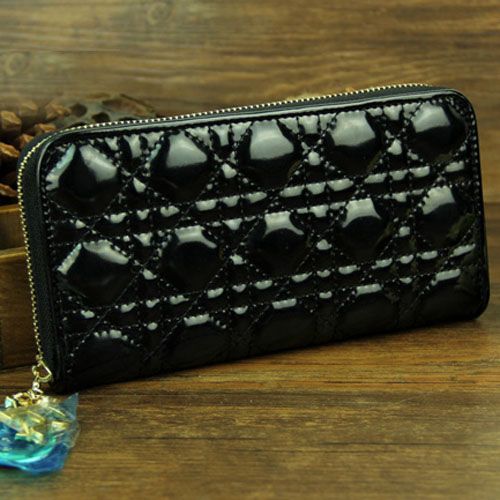 Latest Dior Lady Dior Golden Zip-Around Black Patent Leather Long Cannage Wallet For Summer  