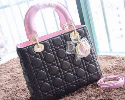 Celebrity Style Pink Top Handle & Strap Dior "Lady Dior" Black Lambskin Totes Bag Golden Hardware 