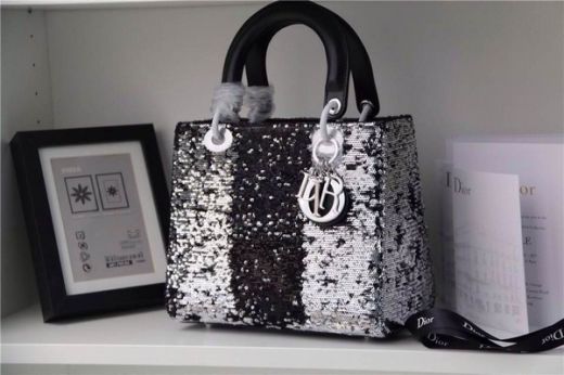 Cheapest Dior Lady Default Lambskin Leather Sequins Totes Bag Black & White Party Style 