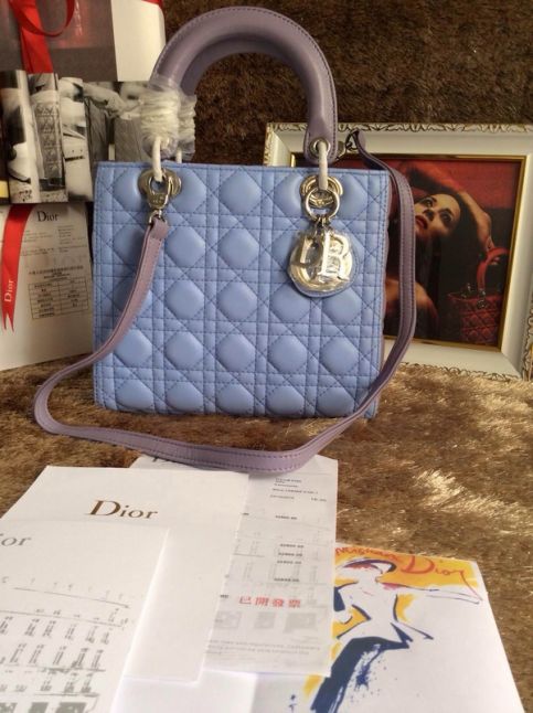 Classic Dior "Lady Dior" Bi-color Cannage Quilted Leather Tote Bag Silver Hardware Baby Blue 