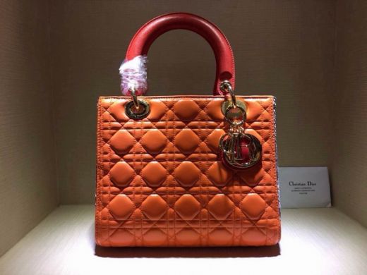 AAA Orange Dior Lady Default Totes Bag Red Handle Python Gusset Golden Hardware Leather Medium 