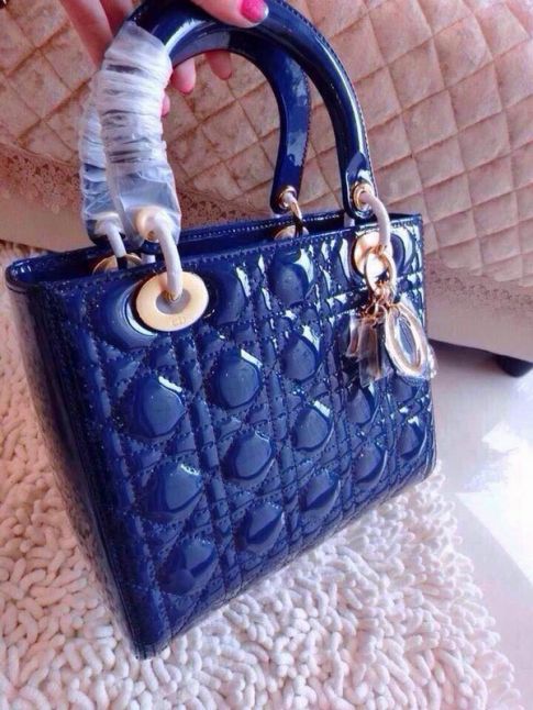 Sapphire Blue Dior CAL44550 M85B Lady Default Cannage Patent Leather Narrow Strap Crossbody Bag Golden Pendant 