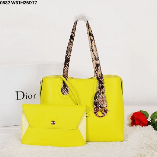 Christian Dior Addict Python Handle Popular Lemon Yellow Calfskin Leather Shopping Bag 