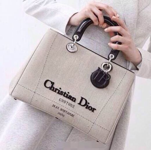 Christian Dior Women Lady Light Grey Canvas Default Tote Bag Black Leather Top Handle & Pendant 