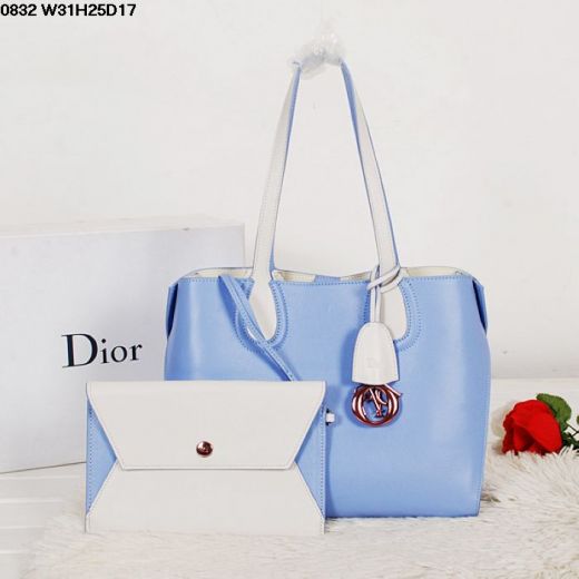 Christian Dior Addict White & Light Blue Calfskin Leather Top Handle Tote Bag 