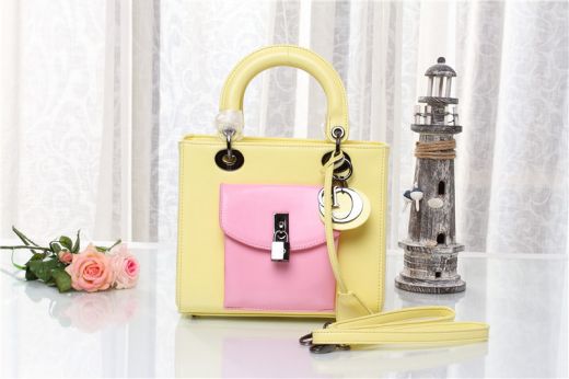 Dior Fashion Lady Dior Yellow & Pink Candy Color Original Leather Clone Handbag Silver Hardware 