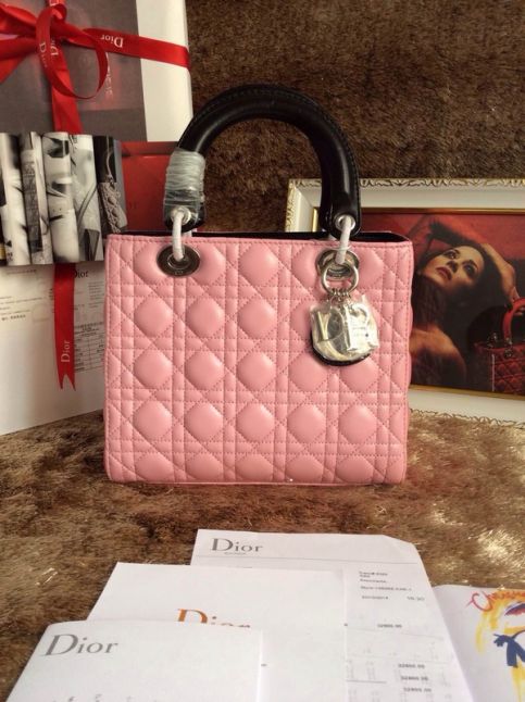 Pink Canange Dior Leather Totes Black Handle & Strap "Lady Dior" Handbag Silver Zipper For Sale 