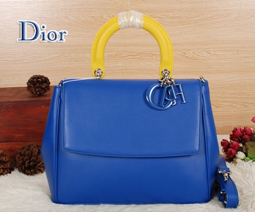 2017 Dior Blue Calfskin Removed Strap Womens Faux "Be Dior" Tote Bag Single Yellow Handle 