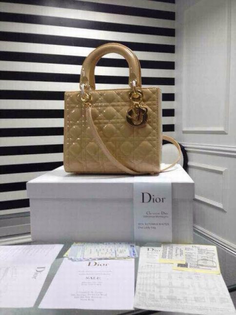 Replica High Quality Dior Lady Beige Patent Leather Cannage Quilted Tote Bag Golden Hardware  