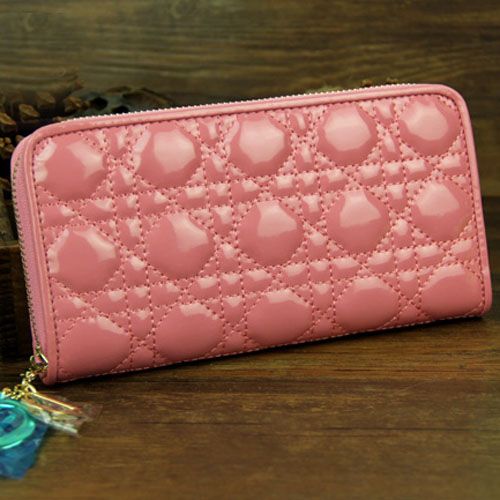 Long Pink Patent Leather Dior Lady Dior Clone Wallet Gold Zipper With D.I.O.R Charm Best Price 