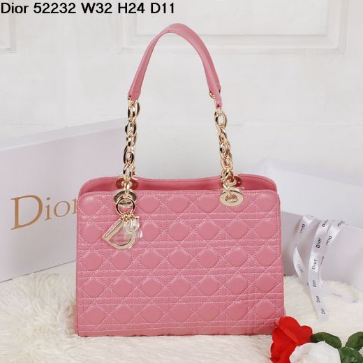 Fashion Dior Pink Lambskin "Lady Dior" Zipped Shoulder Bag Golden Chain & Leather Strap 3 Compartments 