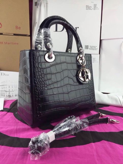 High End Dior Top Handle Silver Hardware "Lady Dior" Black Leather Totes Bag Narrow Strap 
