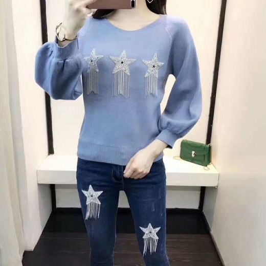 Dior Star Pattern Crystal & Tassel Trimming Light Blue Wide-sleeve Knit Sweater Blue Skinny Jeans Ladies Suits 
