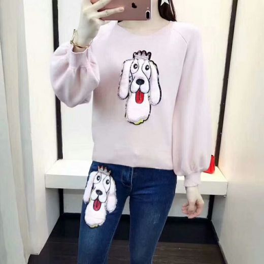 Spring Dior Large Dog Pattern Pink Cotton Long-Sleeve Crewneck Sweaters Blue Slim-fit Jeans Womens Suits Replica 